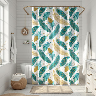 Boho Blauwgroen en gouden veren Douchegordijn