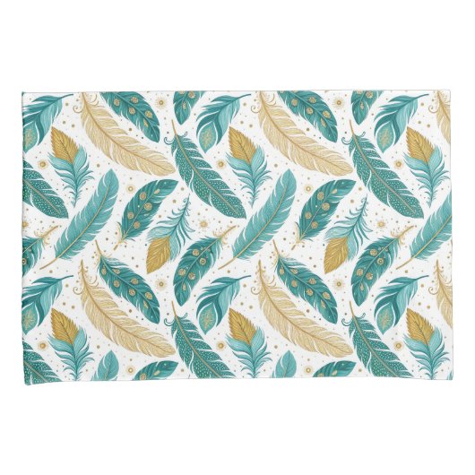 Boho Blauwgroen en gouden veren Kussensloop (Voorkant-Rechts)