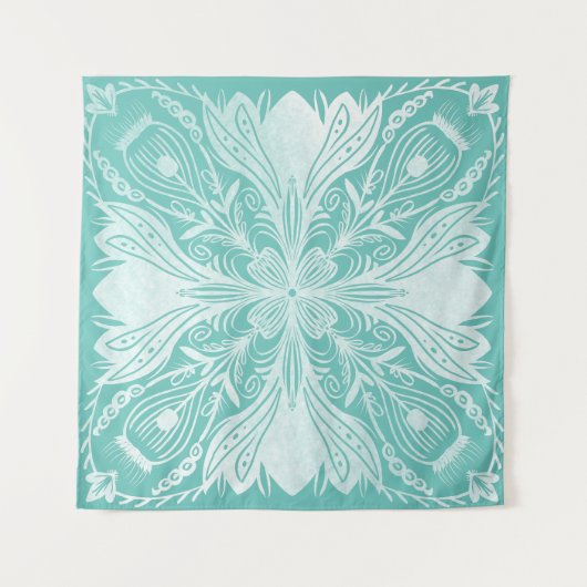Boho Blauwgroen en White Mandala Pattern Tapestry Wandkleed (Voorkant (horizontaal))