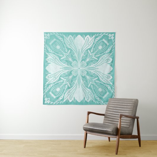 Boho Blauwgroen en White Mandala Pattern Tapestry Wandkleed (In Situ (horizontaal))