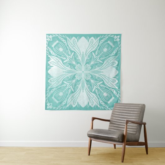 Boho Blauwgroen en White Mandala Pattern Tapestry Wandkleed (In situ)