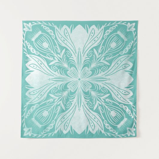 Boho Blauwgroen en White Mandala Pattern Tapestry Wandkleed (Voorkant)
