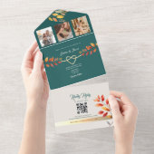 Boho Blauwgroen Oranje herfstbruiloft All In One Uitnodiging (Afscheurbaar)