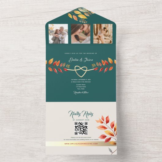 Boho Blauwgroen Oranje herfstbruiloft All In One Uitnodiging (Binnen)