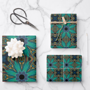 Boho Blauwgroen Peacock Abstract grafisch patroon Inpakpapier Vel