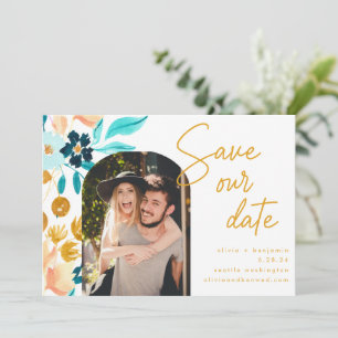 Boho Blauwgroen Waterverf Flowers Foto Weddenschap Save The Date