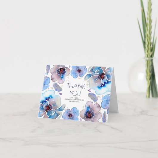 Boho bleu aquarelle Mariage Floral Merci (Devant)