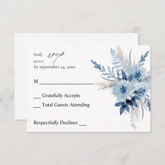 Boho bleu Dusty Floral no Repas RSVP (Devant / Derrière)