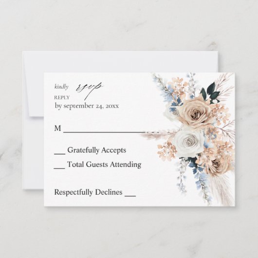 Boho bleu et beige Floral no Repas RSVP (Devant)