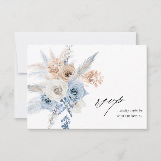Boho bleu et beige Floral w Repas Carte RSVP (Devant)