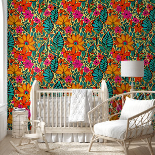Boho bloeit in Sinaasappel, roze, blauw Behang