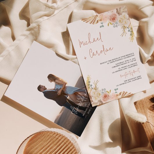 Boho Bloem Aardewerk Pampas Foto Script Bruiloft Kaart