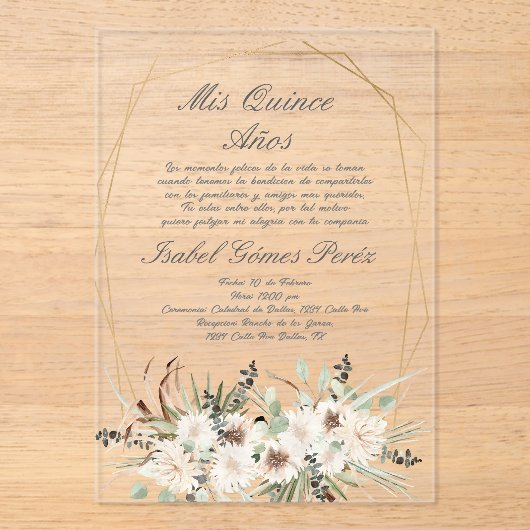 Boho bloem acryl Quinceanera uitnodiging Acryl Uitnodigingen (Voorkant)