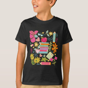 Boho Bloem Leraar Boek Apple Potlood Grappige Rugz T-shirt