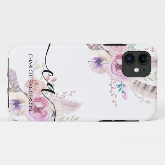 Boho Bloem, Monogram Case-Mate iPhone Case (Achterkant (horizontaal))