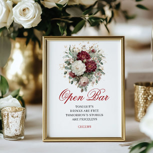 Boho Bloem Open Bar Trouwbord Burgundy Poster