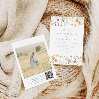 Boho bloem QR-code foto trouwuitnodiging Kaart
