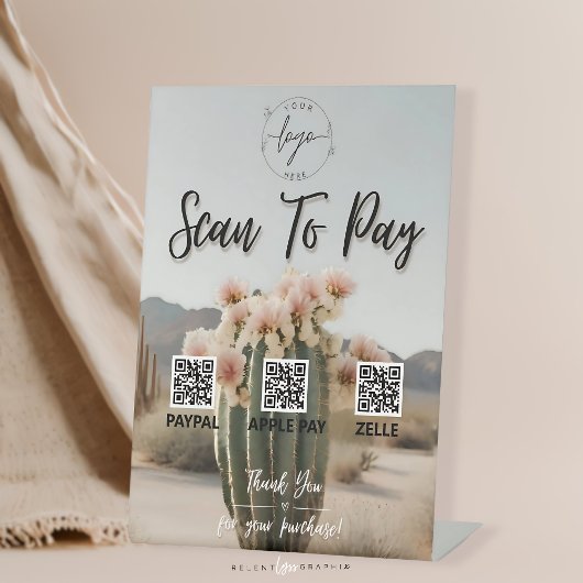 Boho | bloemcactus | QR-code | Betaalteken Reclamebord Met Voetstuk