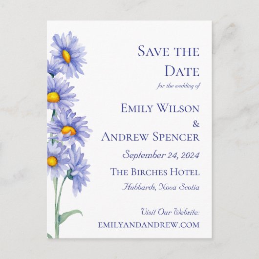 Boho Bloemen Aquarel Blauwe Aster Save the Date Uitnodiging Briefkaart (Voorkant)