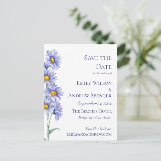 Boho Bloemen Aquarel Blauwe Aster Save the Date Uitnodiging Briefkaart (Staand voorkant)
