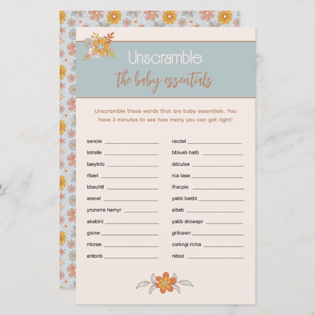 Boho Bloemen Baby shower Word Scramble spel (Voorkant / Achterkant)