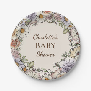 Boho  Bloemen Beige Baby shower Papieren Bordje