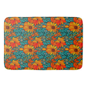 Boho Bloemen Blauw en Oranje  Badmat