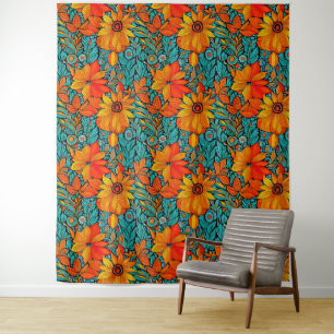 Boho Bloemen Blauw en Sinaasappel Wandkleed