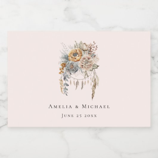 Boho Bloemen Boeket en Dreamcatcher bruiloft Sparkling Wijnetiket (Enkel label)