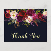 Boho Bloemen Bourgondië Navy Herfst bruiloft dank  Briefkaart (Voorkant)