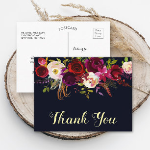 Boho Bloemen Bourgondië Navy Herfst bruiloft dank  Briefkaart