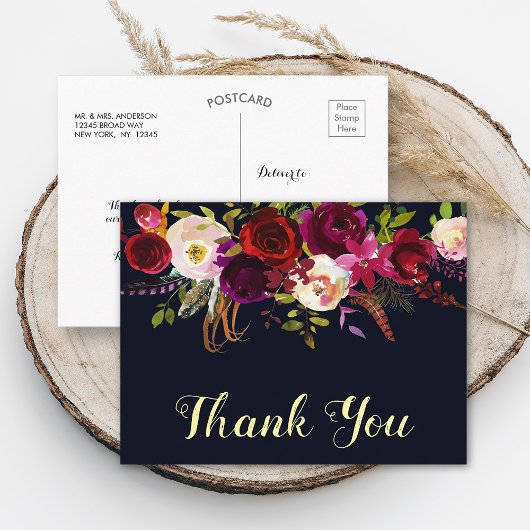 Boho Bloemen Bourgondië Navy Herfst bruiloft dank  Briefkaart