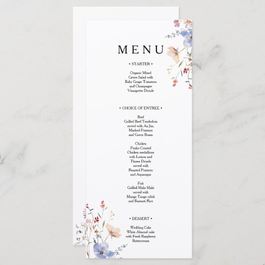 Boho bloemen bruiloft met wilde bloemen menu (Voorkant / Achterkant)