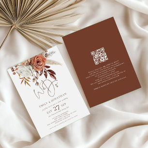 Boho Bloemen Bruine Crème Wij Doen QR Code Trouwen Kaart