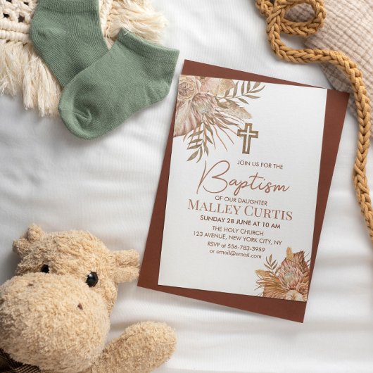 Boho bloemen bruine doopuitnodiging voor meisje kaart