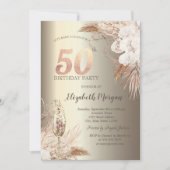 Boho Bloemen, Champagne Glas Goud 50e Kaart (Voorkant)