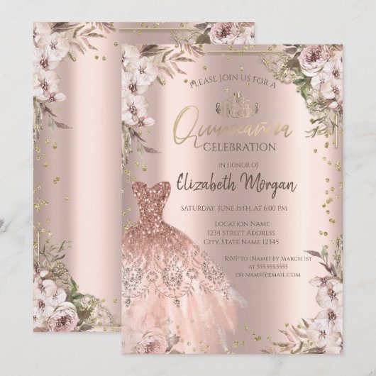 Boho Bloemen Diamanten Jurk Quinceanera Kaart (Voorkant / Achterkant)