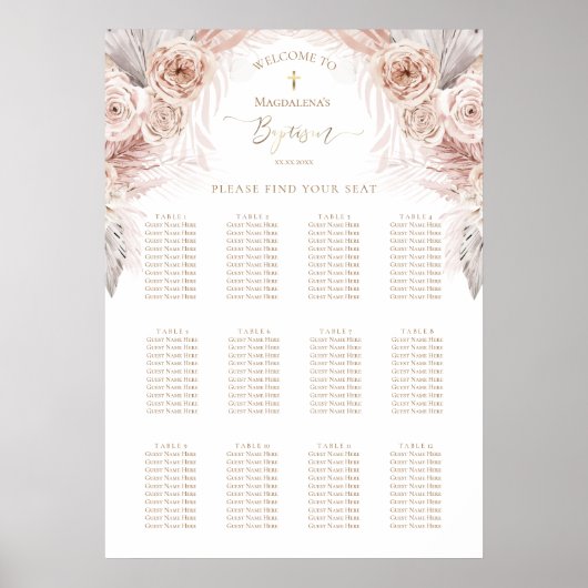 boho bloemen Doop zitplaatsenkaart Poster (Voorkant)