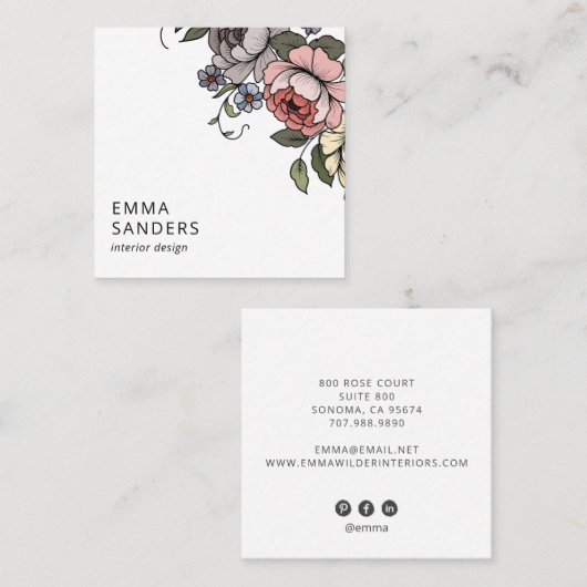 Boho bloemen en bladeren vierkante visitekaartje (Voorkant / Achterkant)