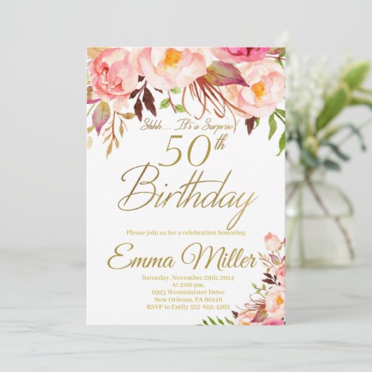 Boho Bloemen en Goud Verrassing 50e Verjaardag Kaart (Staand voorkant)