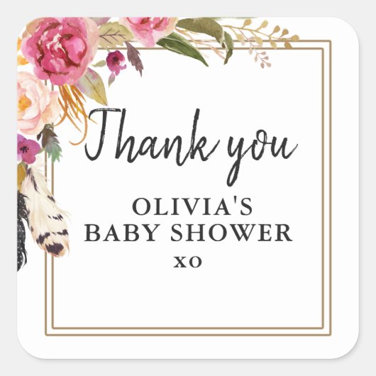 Boho Bloemen en Veren Rustiek Dank u Vierkante Sticker (Voorkant)