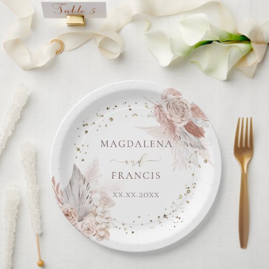 Boho bloemen faux glitter papieren bordje (Huwelijk)