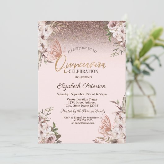 Boho Bloemen Glitter Vlinders Quinceañera Kaart (Staand voorkant)