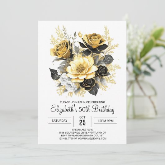 Boho Bloemen Goud en Zwart 50e Verjaardag Kaart (Staand voorkant)