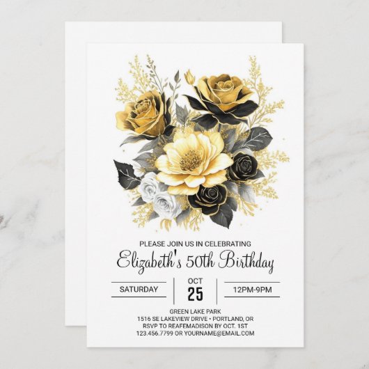 Boho Bloemen Goud en Zwart 50e Verjaardag Kaart (Voorkant / Achterkant)