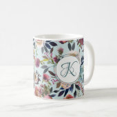 Boho Bloemen Groen Roze Monogram Koffiemok (Voorkant rechts)