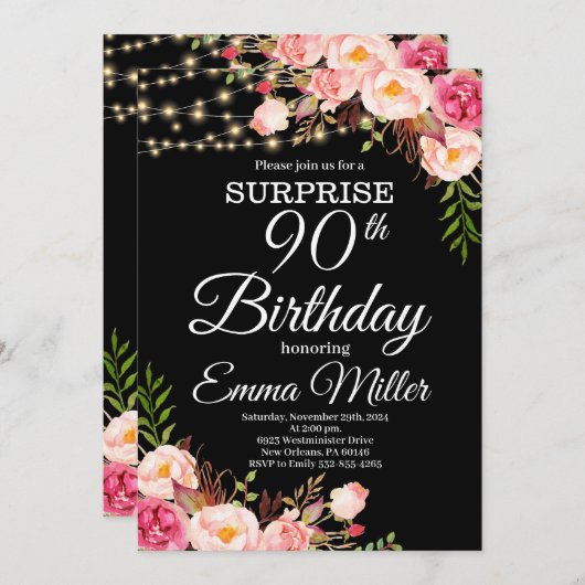 Boho Bloemen & Lichten Verrassing 90ste Verjaardag Kaart (Voorkant / Achterkant)