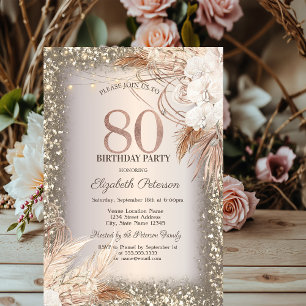 Boho Bloemen, Lichtjes Glitter Lijst 80ste Verjaar Kaart