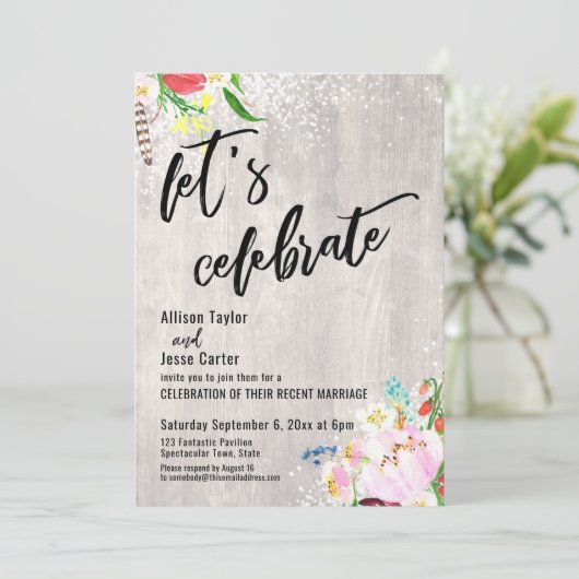 Boho Bloemen Lichtjes Rustiek Hout Laten we Feestv Kaart (Staand voorkant)