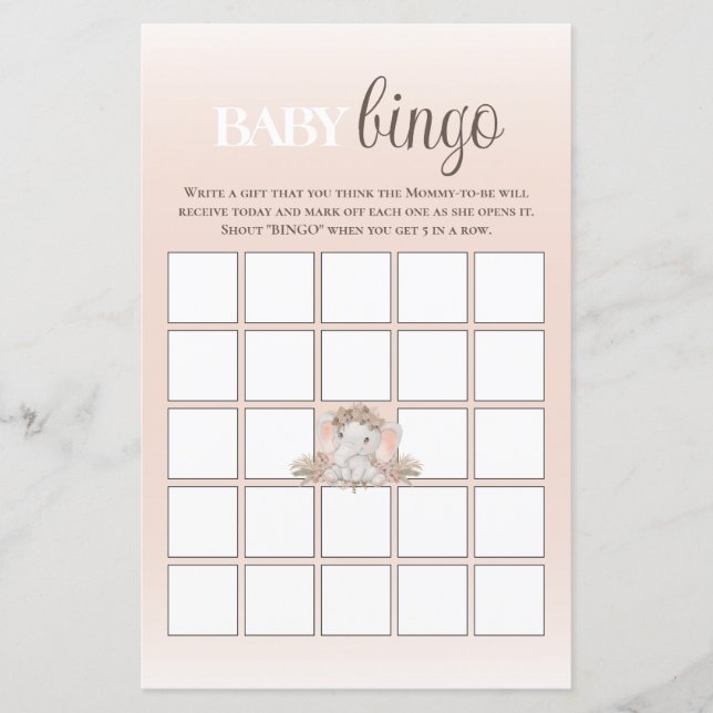 Boho Bloemen Olifant Baby Bingo Baby shower spel (Voorkant)